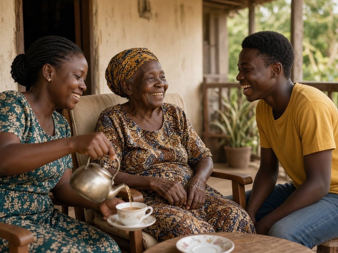 A grandmother laughs with her granddaughter and grandson over tea on the veranda