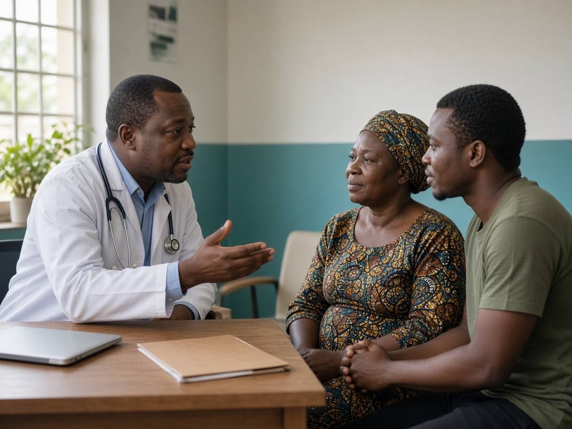 An oncologist explains care to a woman and her son in a hospital consultation room